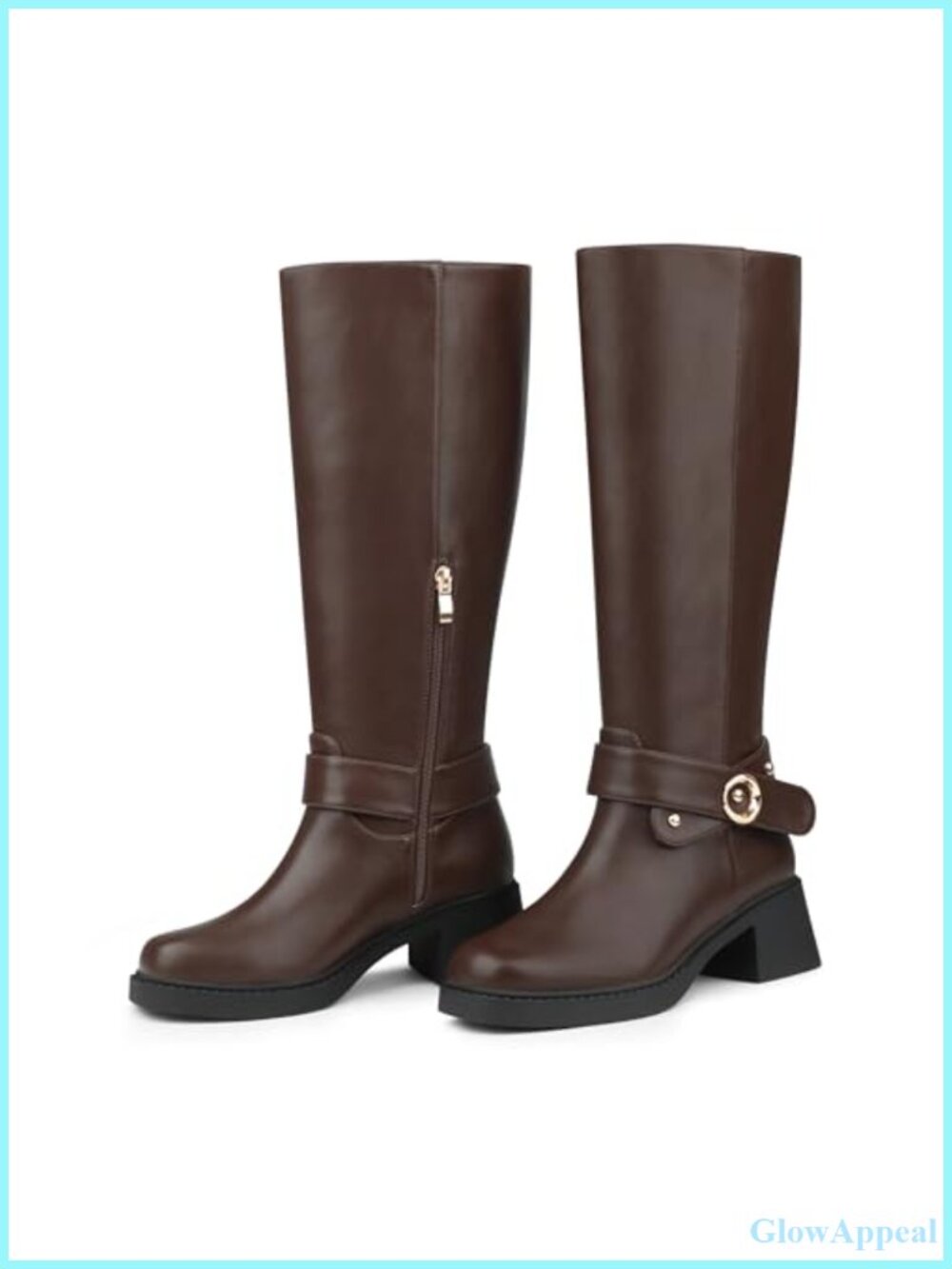 Women's Knee High Boots Chunky Block Heel Square Toe Faux Leather Side Zip